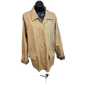 Dennis Basso Tan Mid Length Trench Coat Animal Print Trim Sz L
